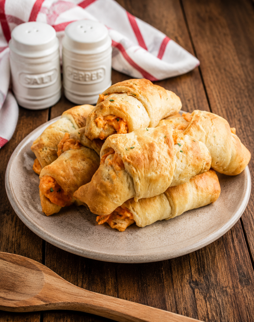 Baked buffalo chicken crescent rolls drizzled with sauce