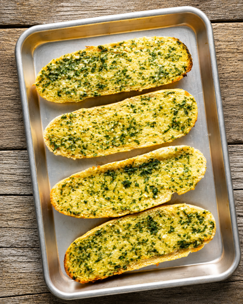 Bread spread with garlic butter and parmesan toasting in the oven