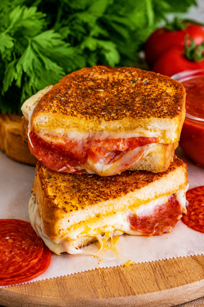 Pizza grilled cheese cut in half showing melted cheese pull