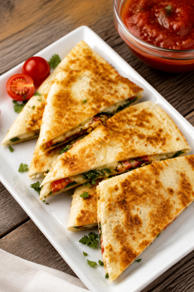 Sliced Mediterranean quesadillas on a plate