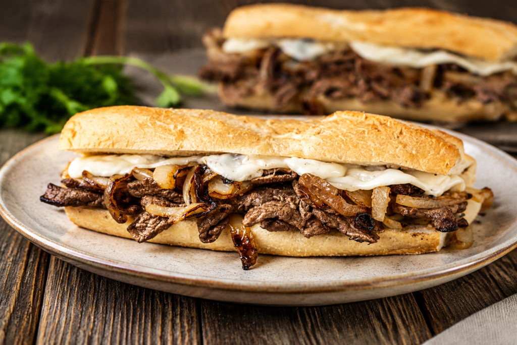 Steak sandwich served on a tray