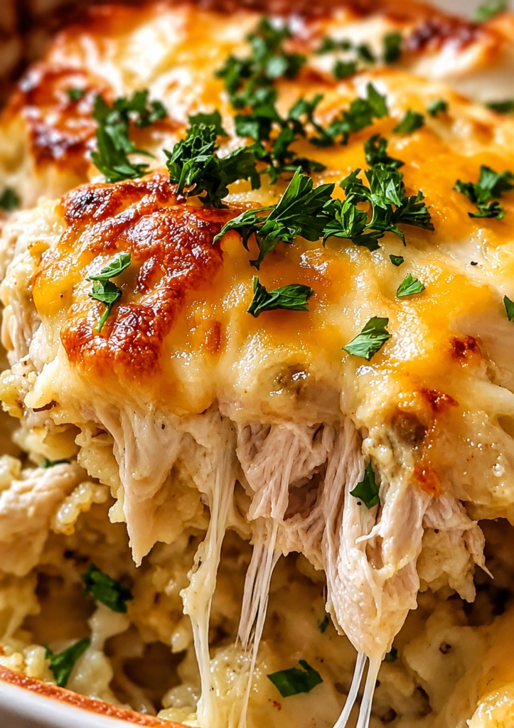 Baked chicken cauliflower rice casserole with golden cheese topping