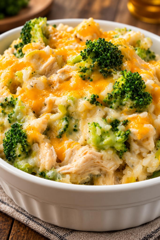 Baked broccoli chicken rice casserole with golden cheese topping