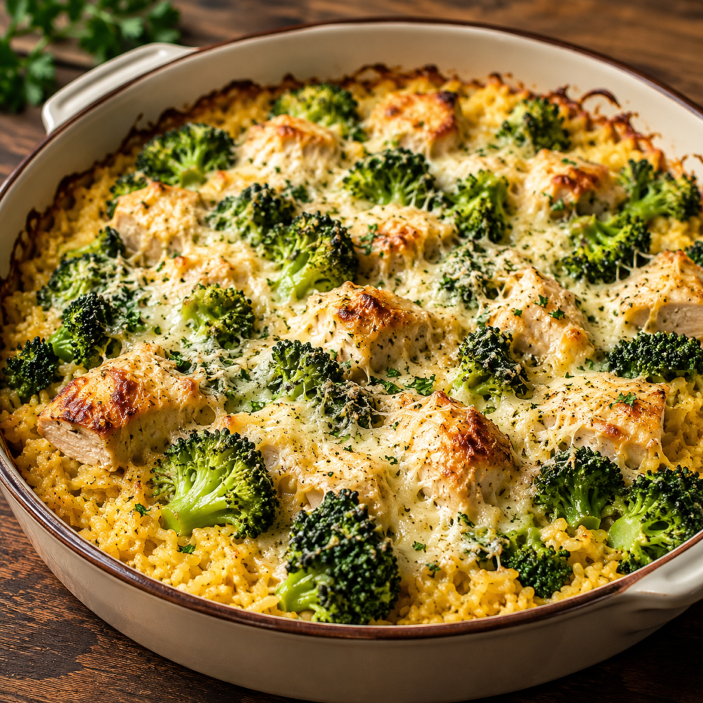 One pot chicken broccoli rice casserole with melted cheese