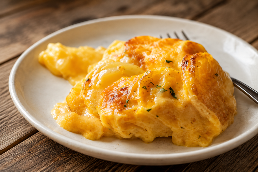 Finished cheesy scalloped potatoes in a baking dish