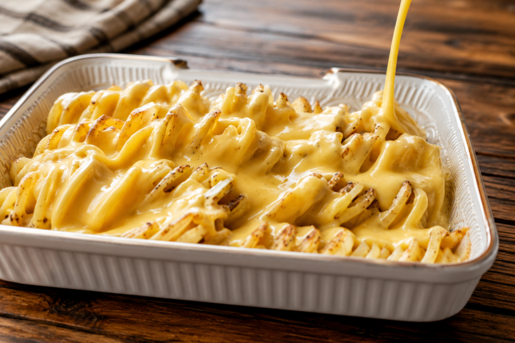 Cheddar cheese melting into a creamy white sauce