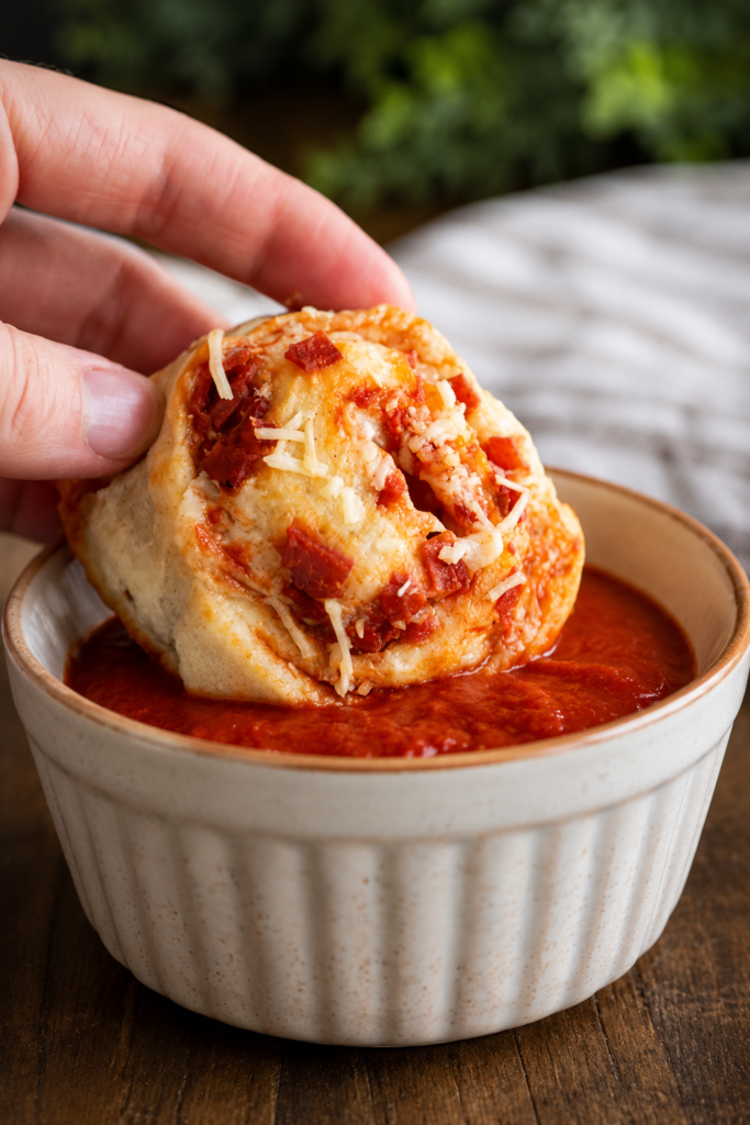 Golden baked pepperoni pizza rolls on a baking sheet