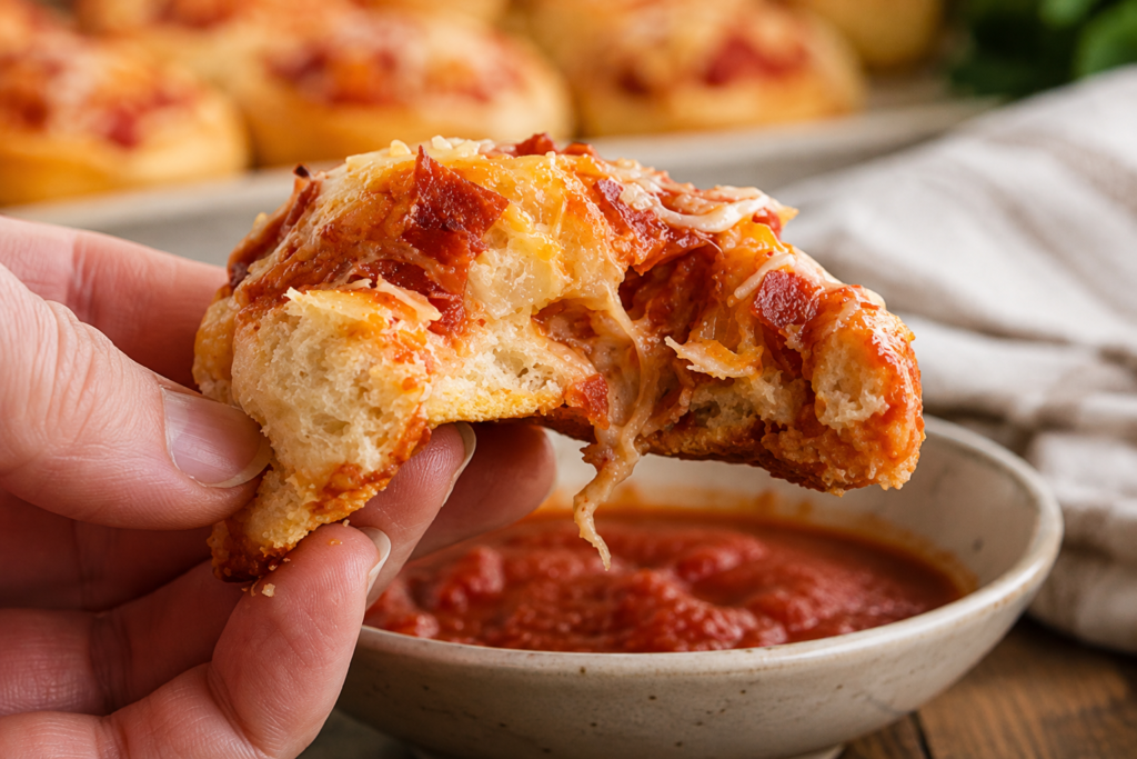 Pepperoni pizza rolls served with pizza sauce for dipping