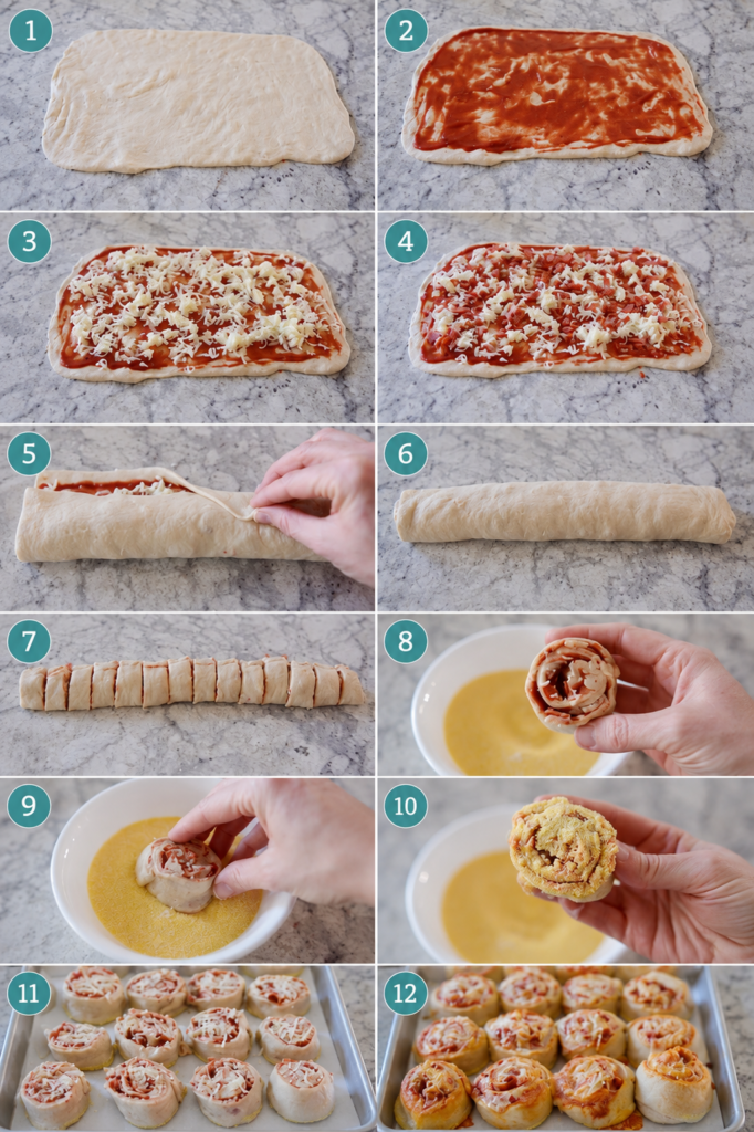 Pizza dough rolled cinnamon-roll style