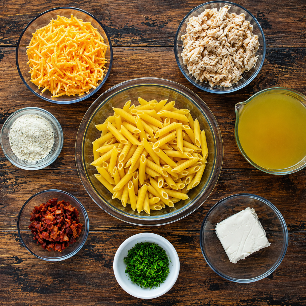 Penne pasta simmering in chicken broth with ranch chicken