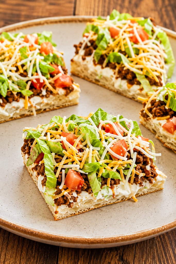 Sliced taco pizza topped with lettuce, tomato, and sour cream