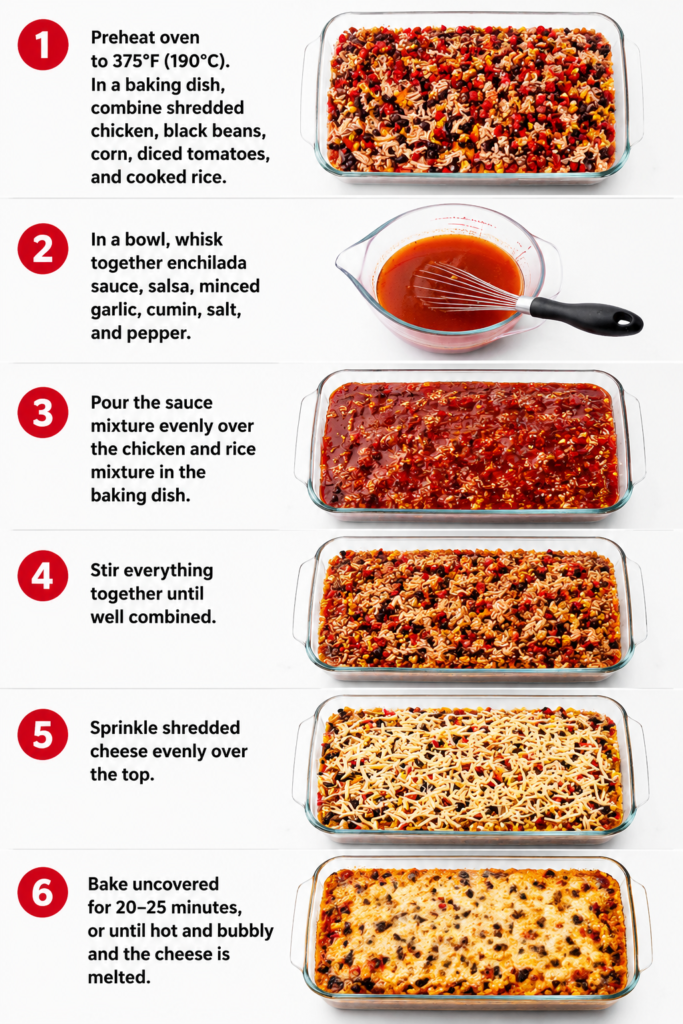 Shredded chicken, black beans, and corn added to the casserole