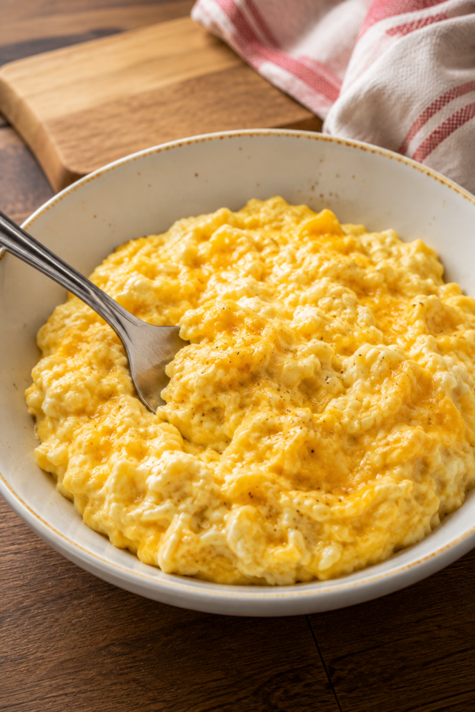 Finished cheesy rice in a bowl with a fork