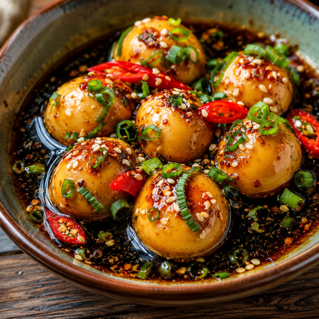 Korean soy marinated eggs halved over rice