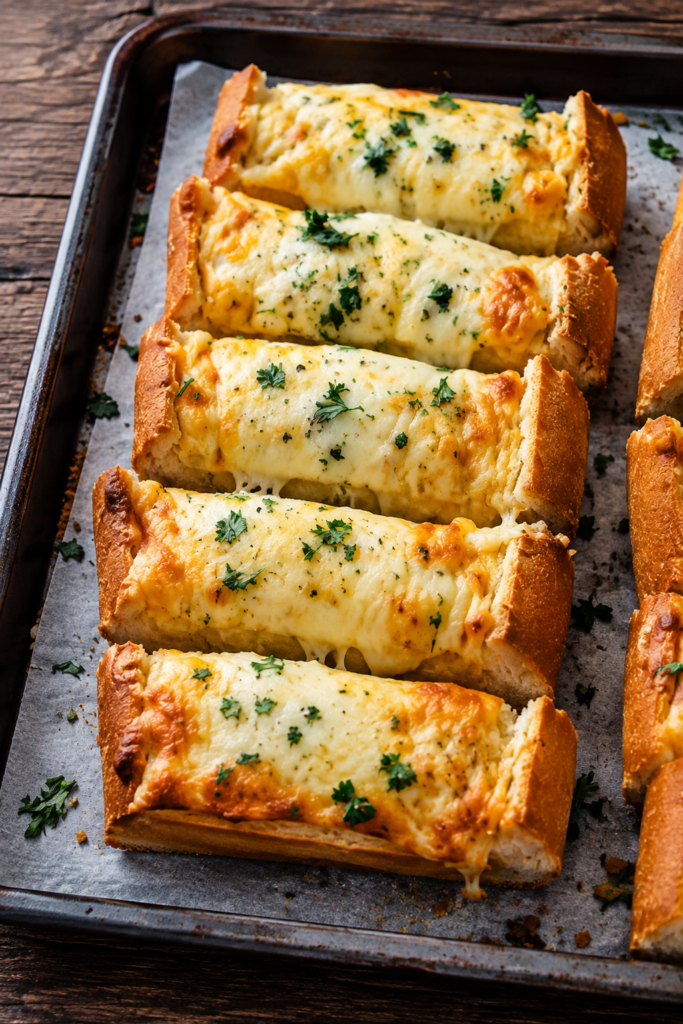Sliced cheesy garlic bread garnished with parsley
