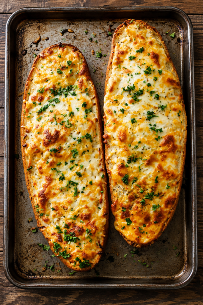 Golden bubbly cheesy garlic bread fresh from the oven