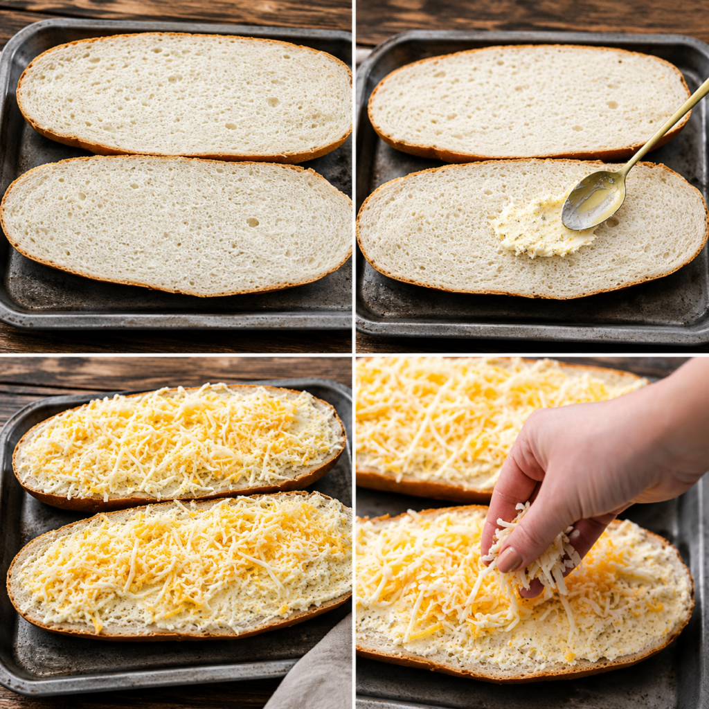 Garlic butter spread over halved French bread