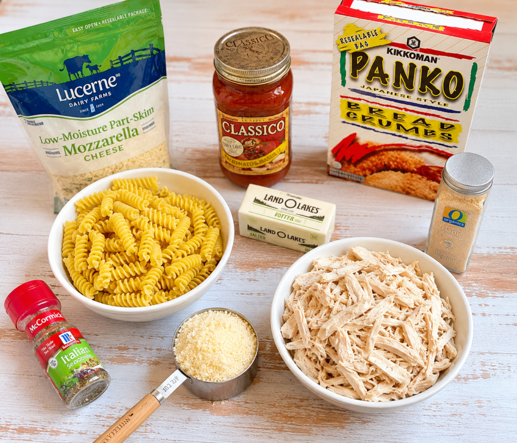 Pasta mixture spread in a casserole dish topped with mozzarella