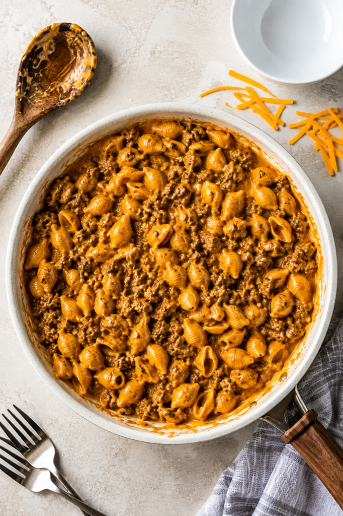 Finished homemade hamburger helper in a skillet
