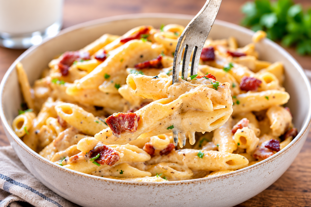 Finished cheesy ranch chicken pasta garnished with parsley