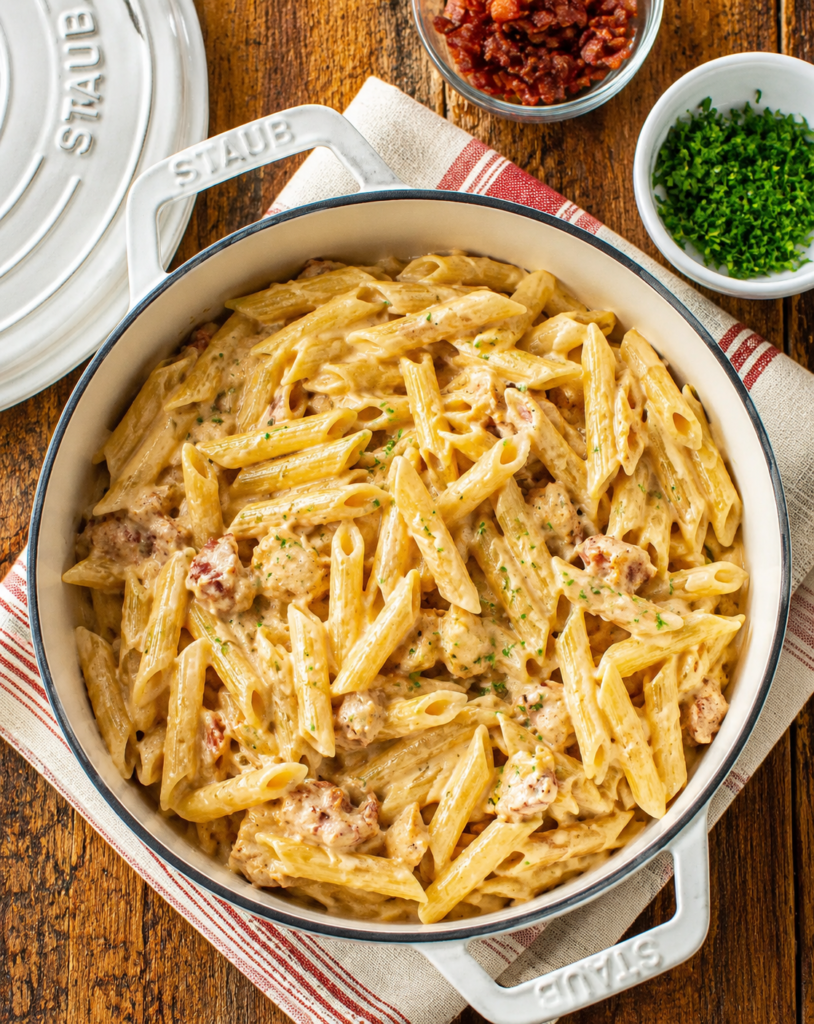 Bacon and cheddar cheese stirred into pasta