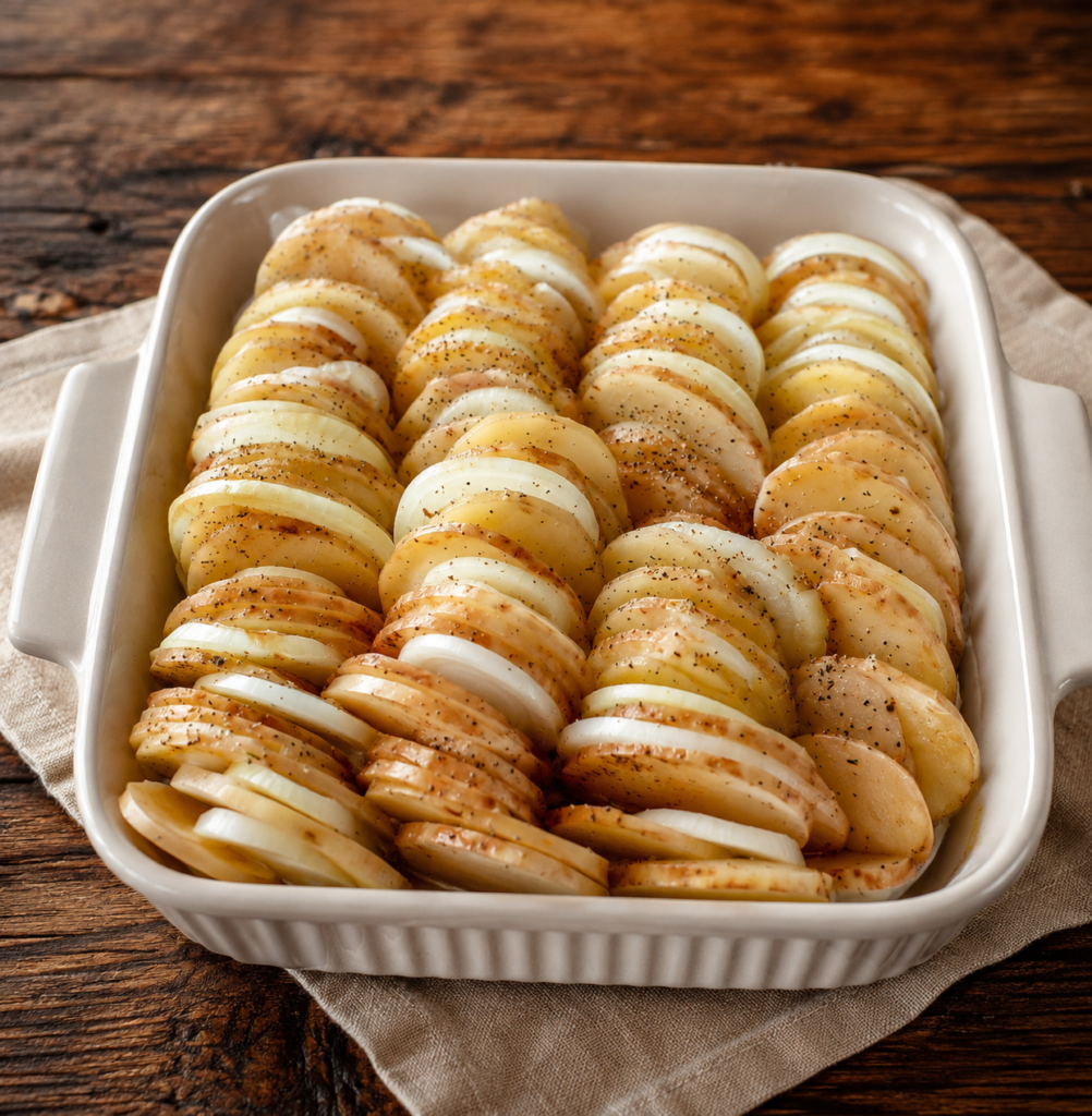 Sliced potatoes and onion rings layered in a baking dish
