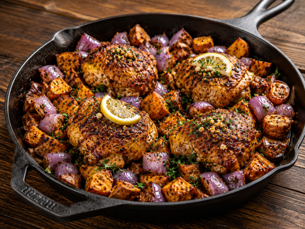 Finished chicken and sweet potato skillet with lemon