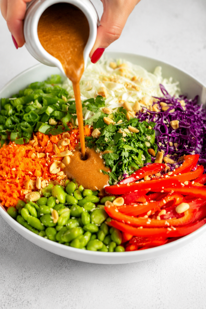 Peanut dressing whisked together in a bowl