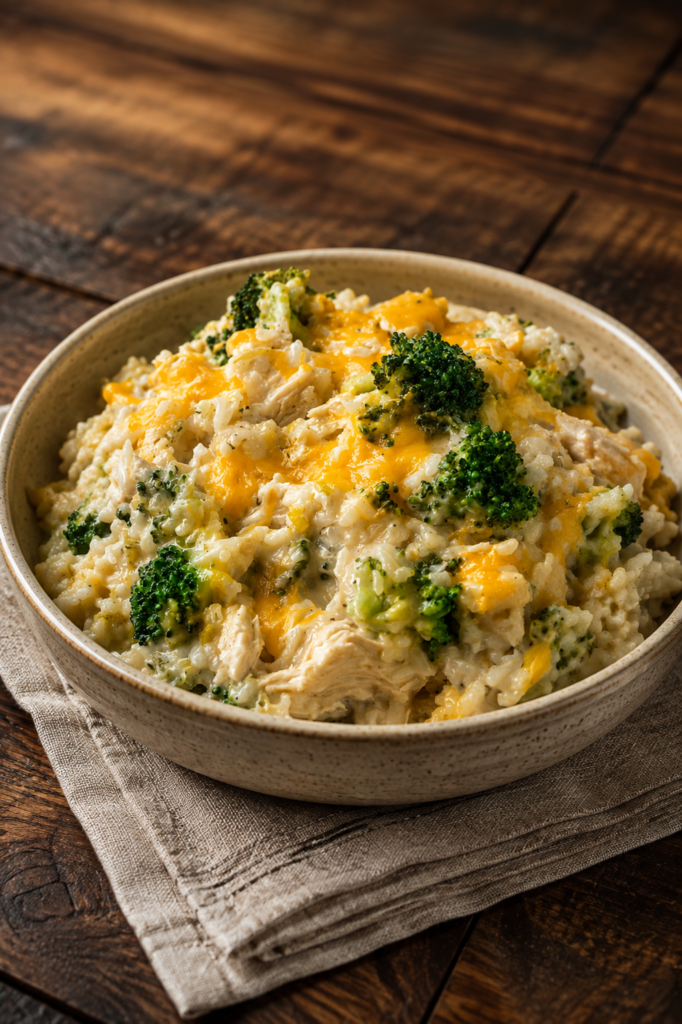 Serving of cheesy broccoli chicken rice casserole on a plate