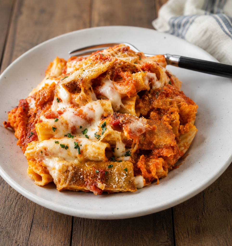 Golden bubbly baked chicken parmesan casserole
