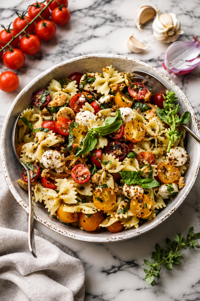 Finished bruschetta pasta salad in a large bowl