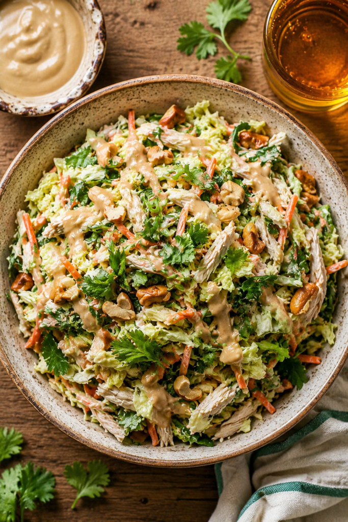 Chicken cashew salad topped with toasted cashews and sesame seeds