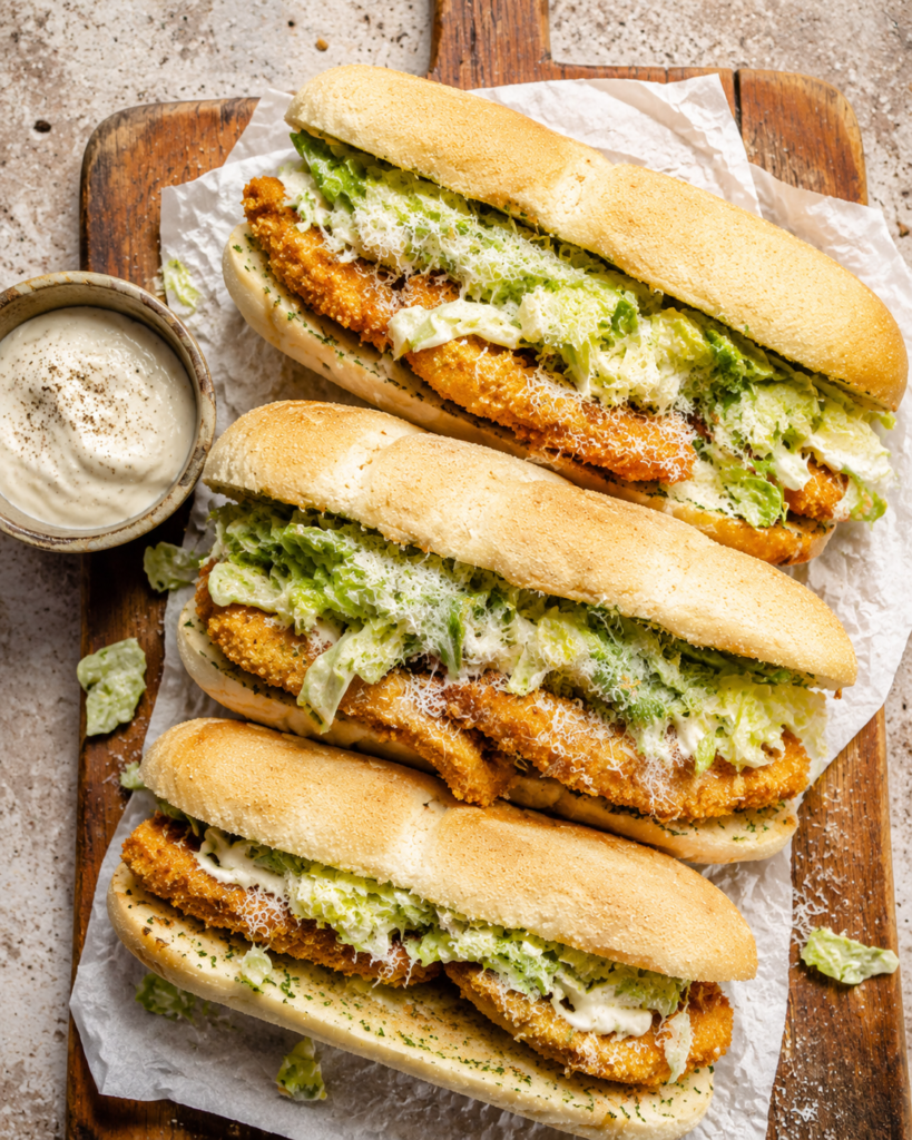 Assembled chicken caesar sandwich with parmesan