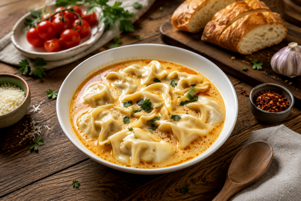 Bowl of creamy Thai dumpling soup garnished with cilantro and lime