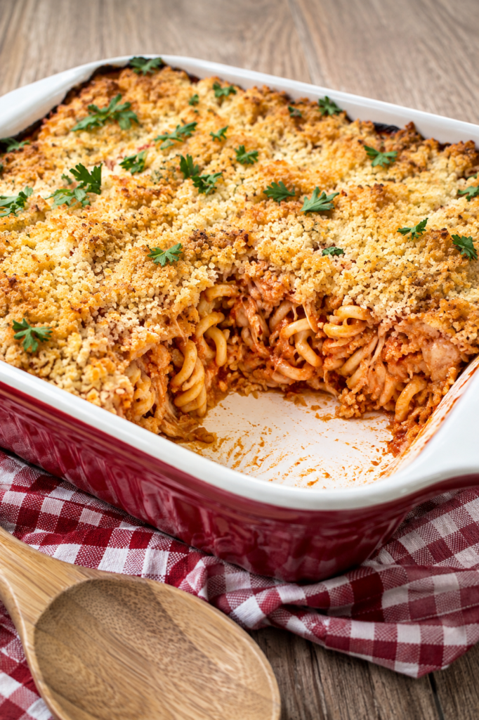 Serving of chicken parmesan pasta casserole on a plate
