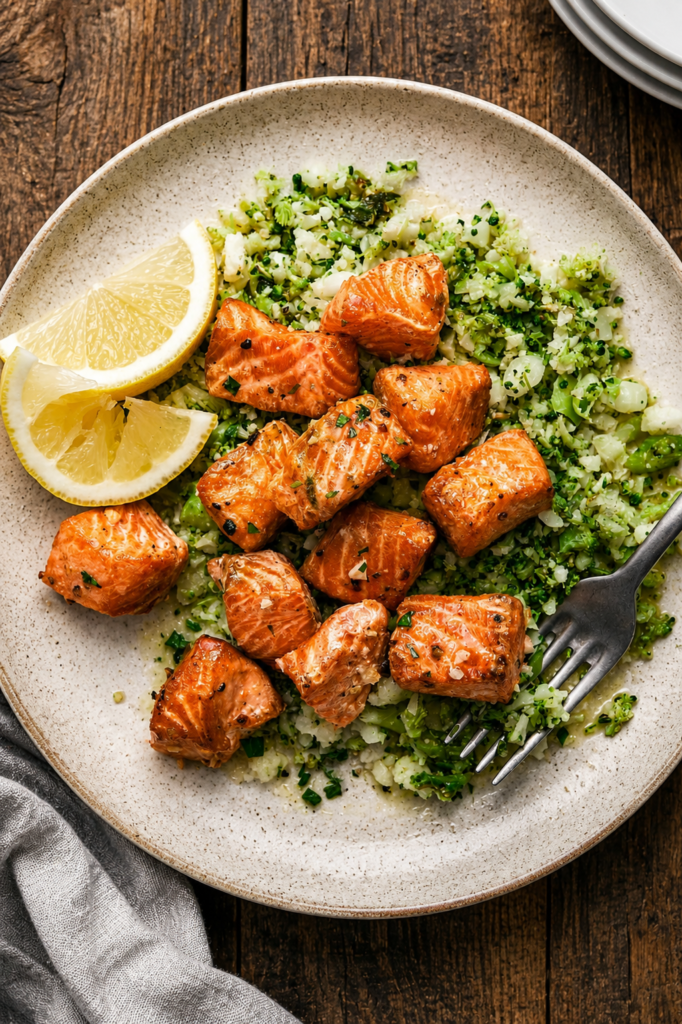 Finished air fryer salmon bites on a plate