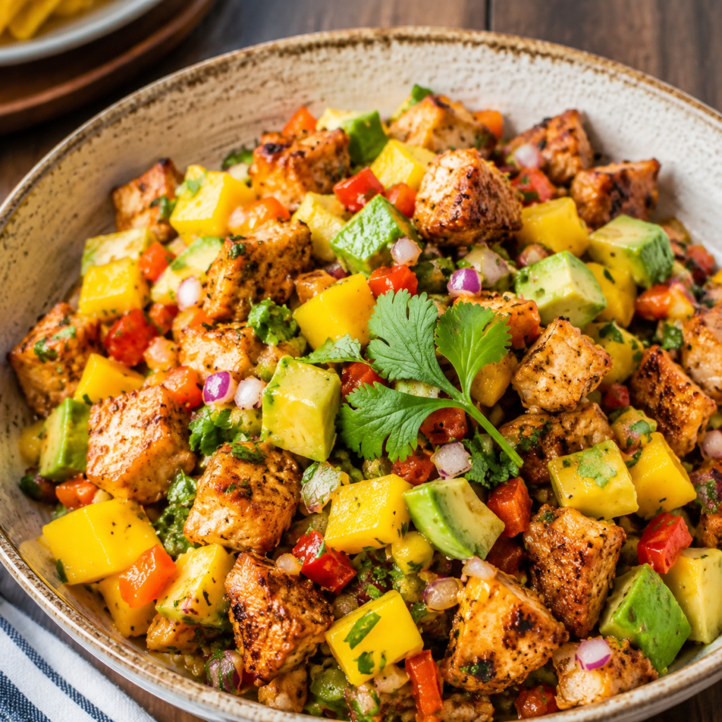 Shrimp mango avocado salad garnished with cilantro