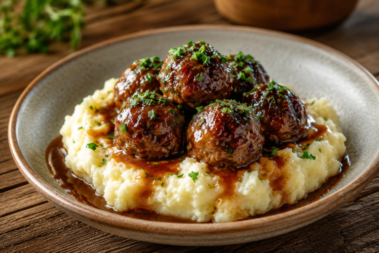Salisbury Steak Meatballs with Garlic Herb Mashed Potatoes featured image