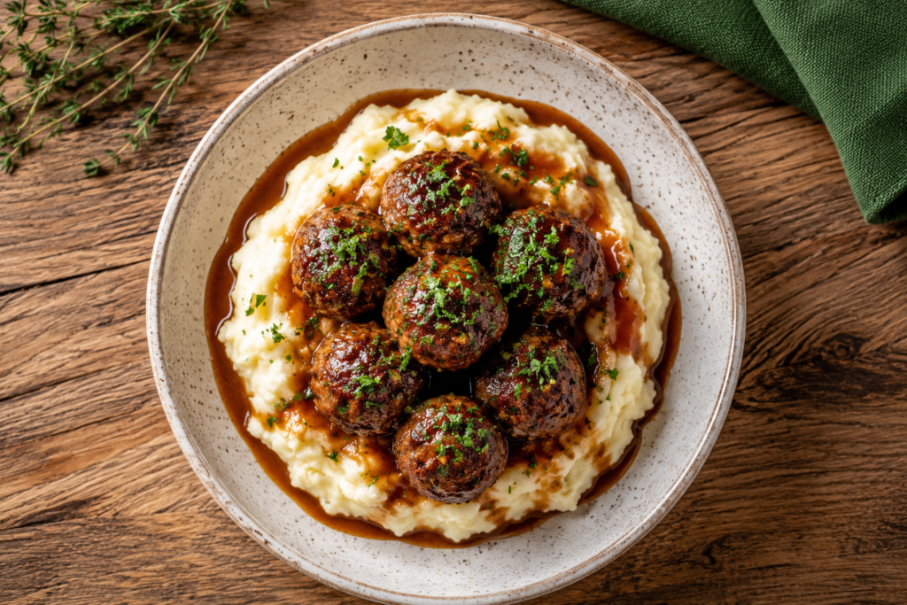Salisbury steak meatballs and gravy over garlic herb mashed potatoes