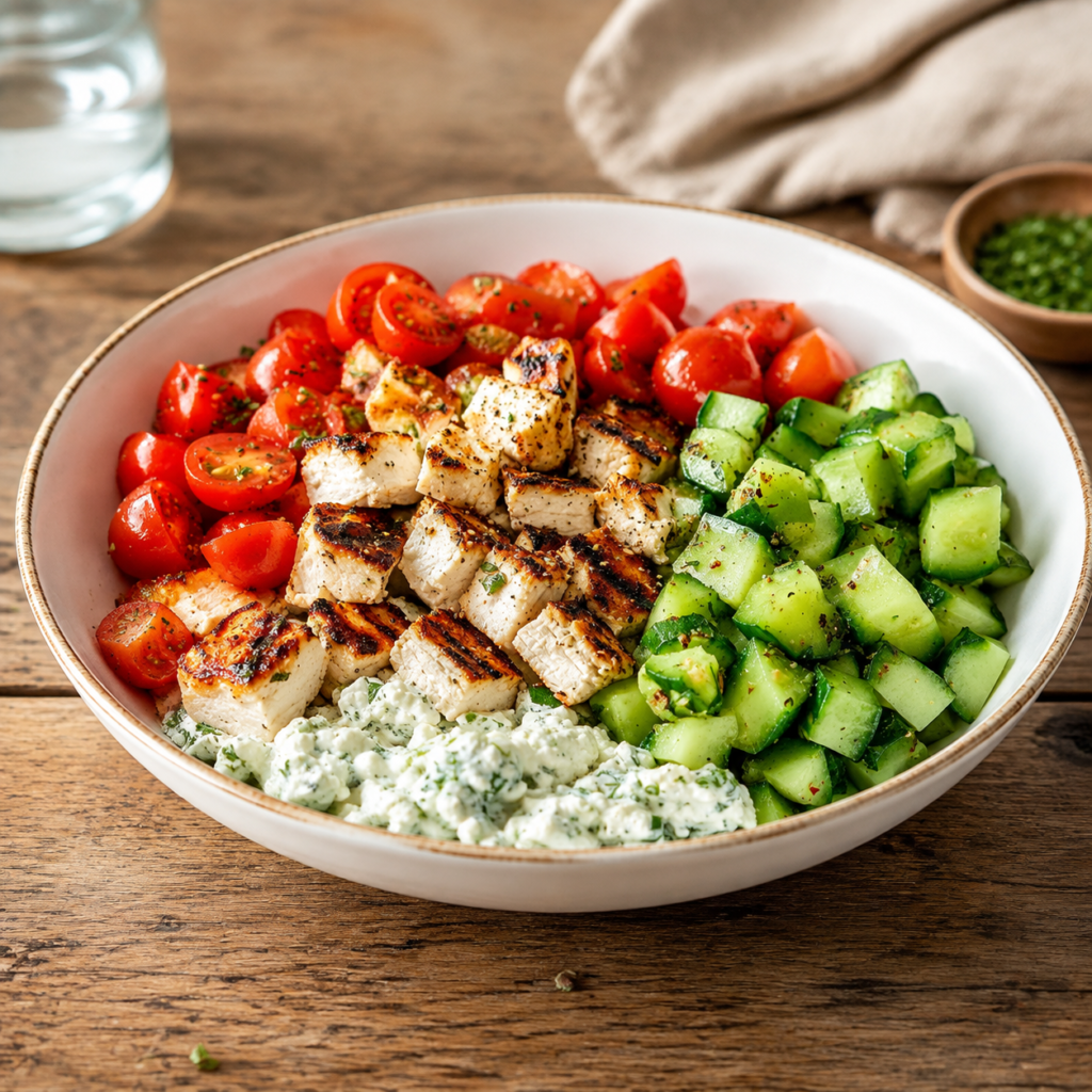 Finished Greek chicken bowl topped with feta and tzatziki