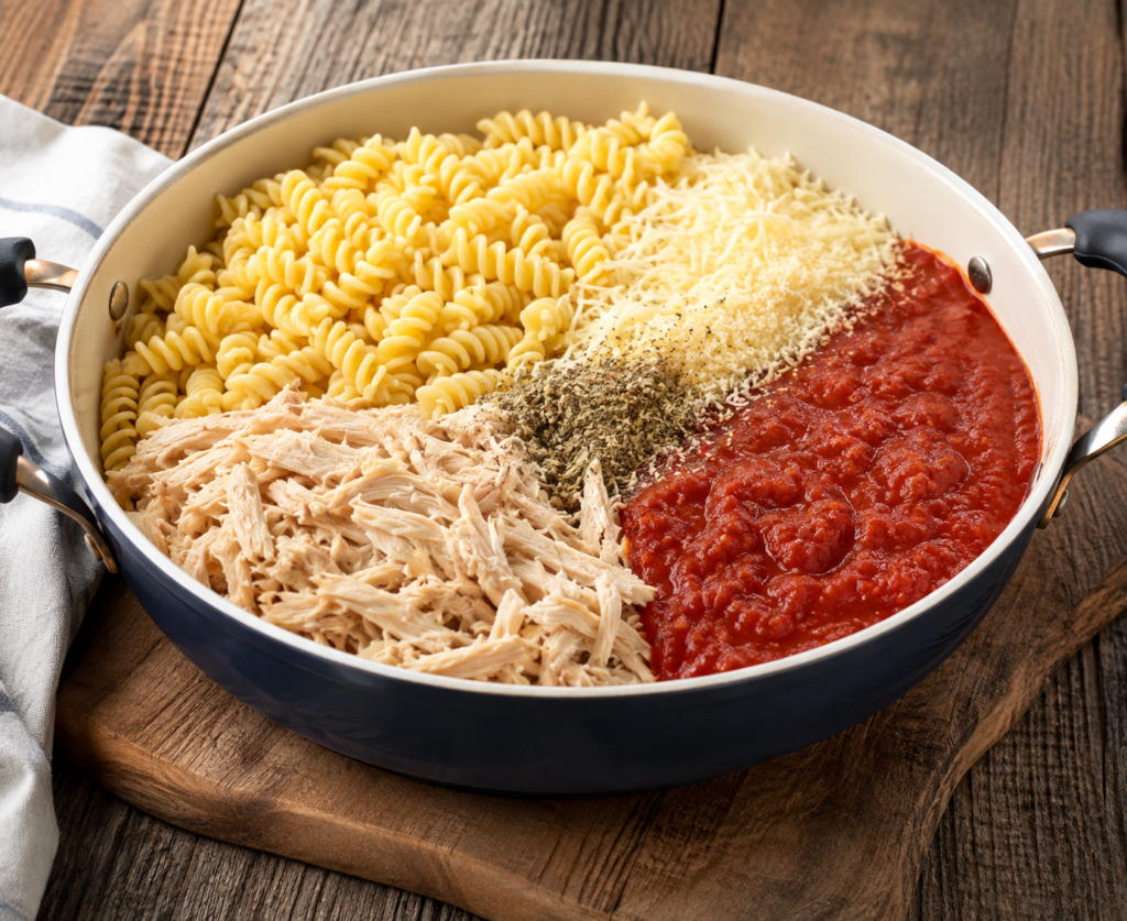 Golden crispy baked chicken parmesan pasta casserole