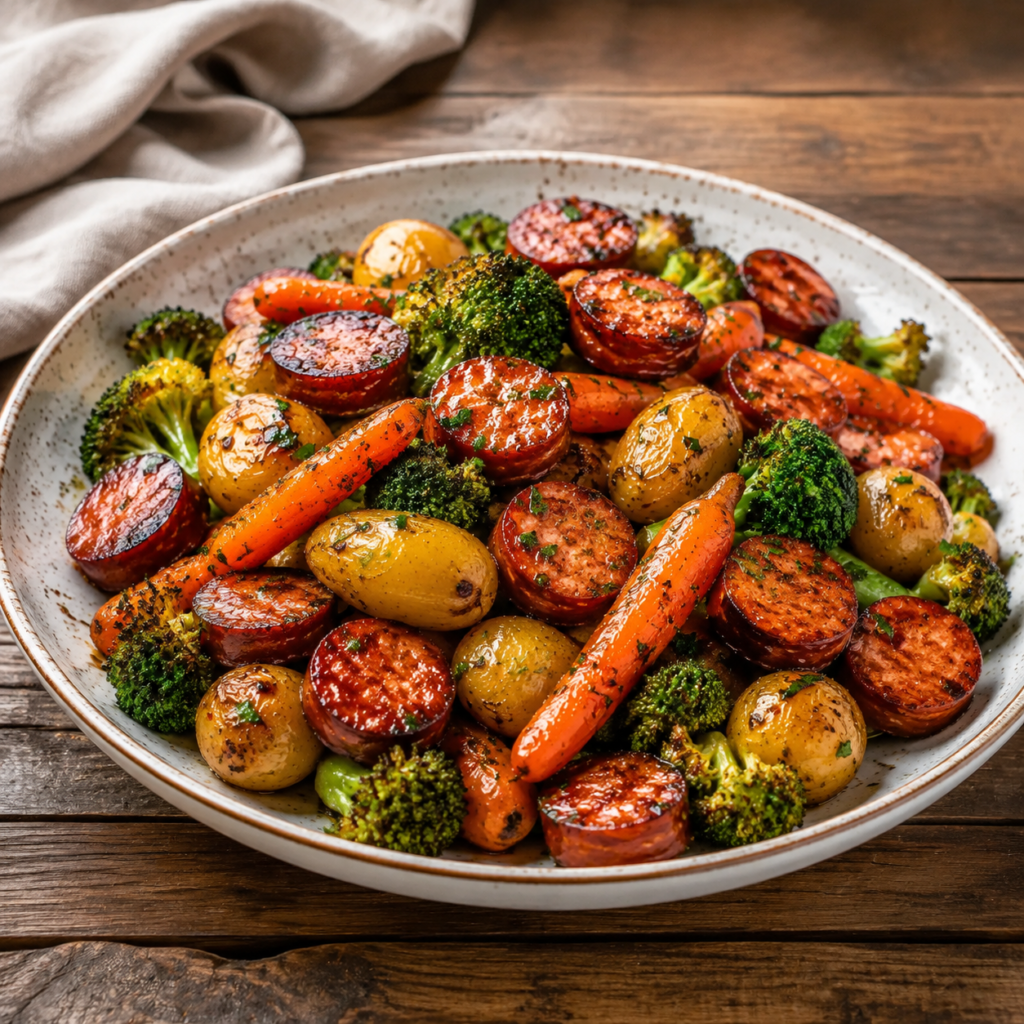 Finished honey garlic kielbasa and veggies garnished with parsley