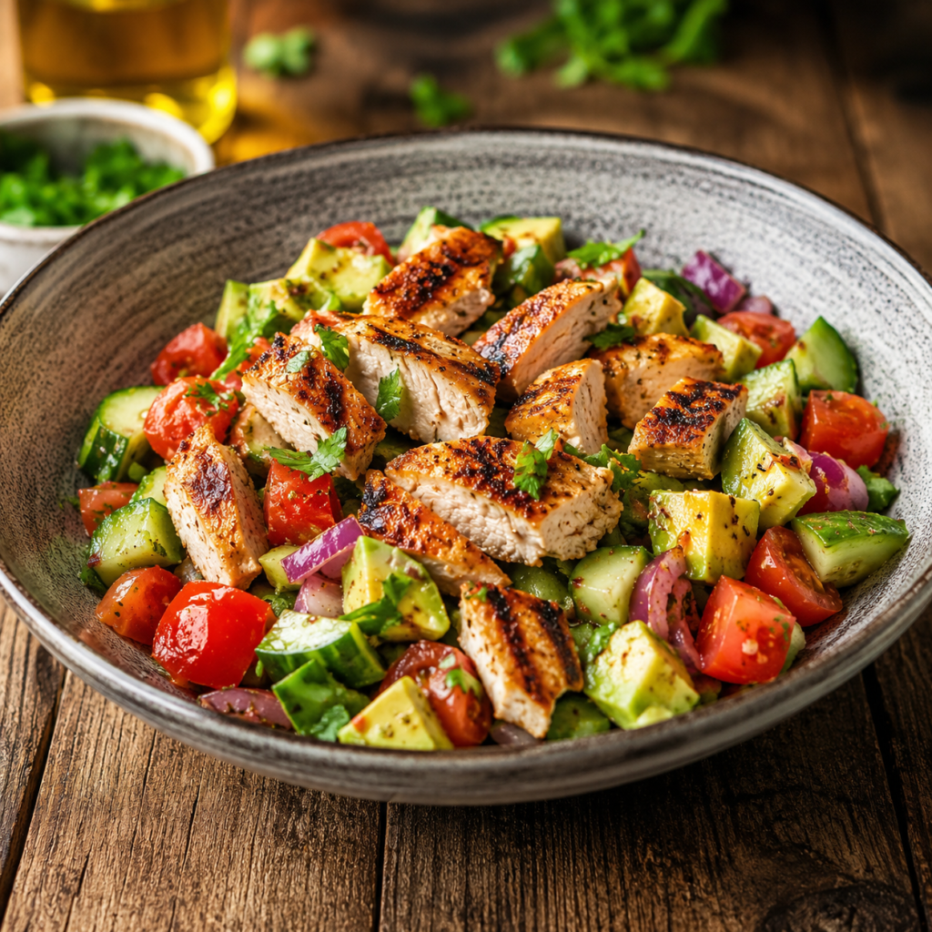 Avocado chicken salad served over greens