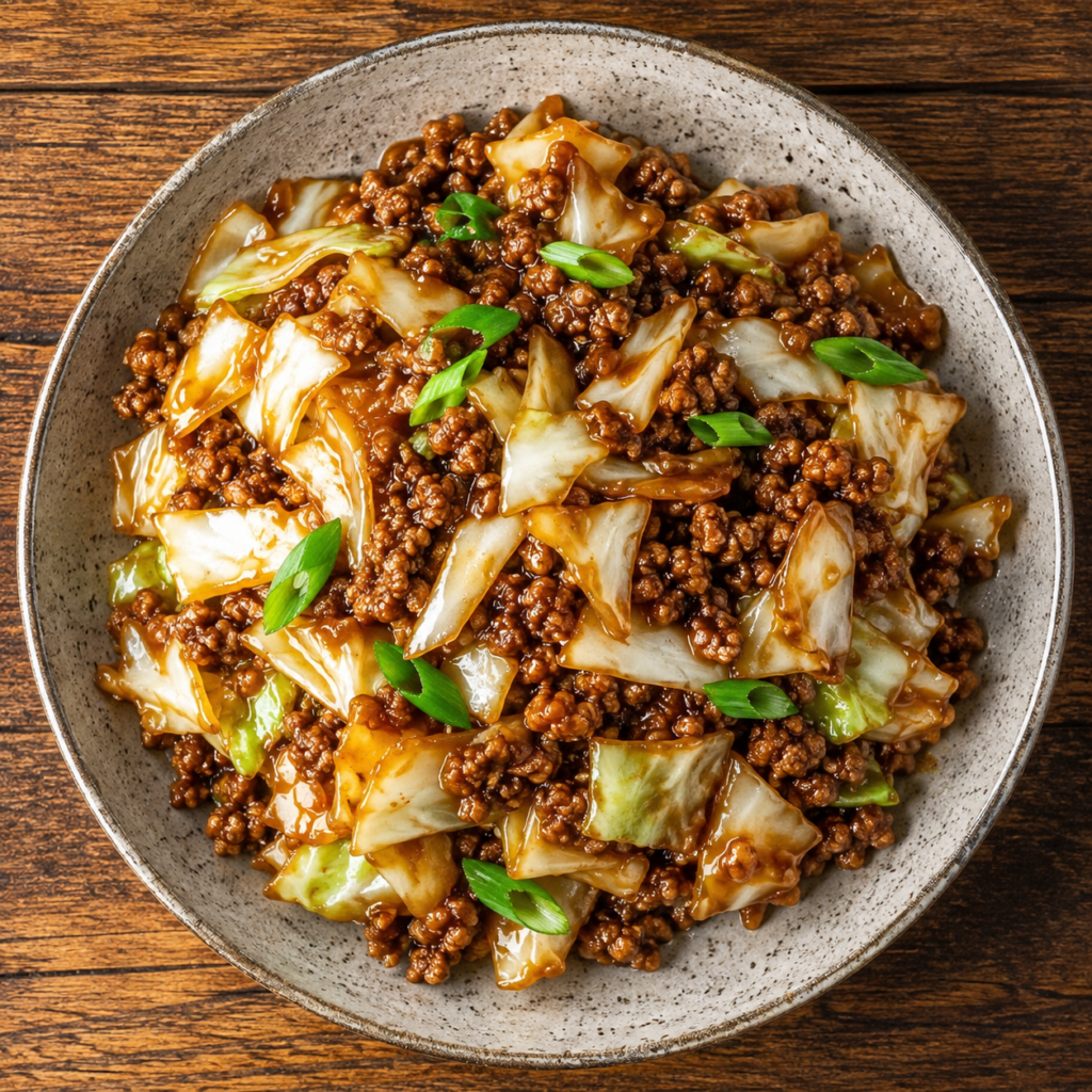 Cabbage and beef cooking together with soy sauce