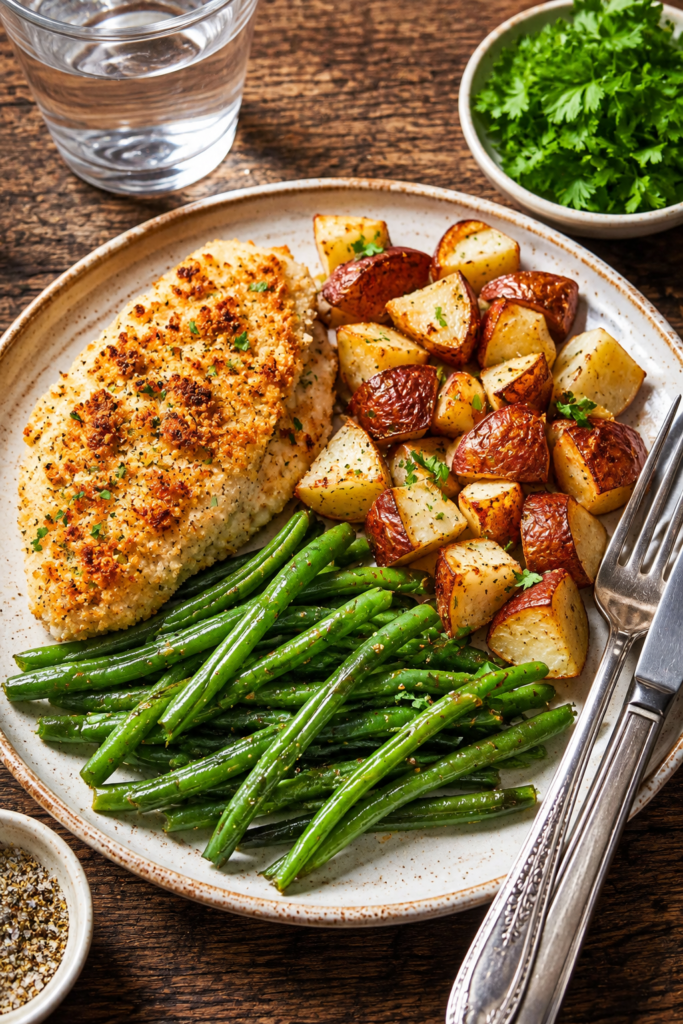 Parmesan crusted chicken sheet pan dinner plated with vegetables