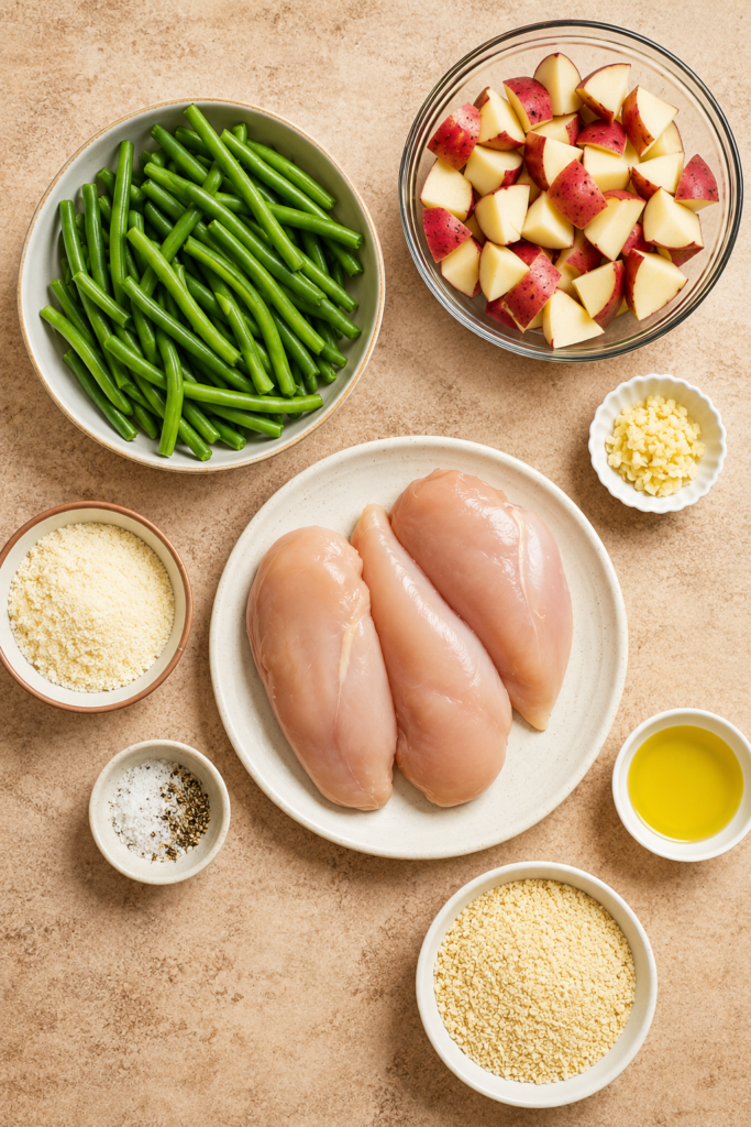 Parmesan breadcrumb topping pressed onto chicken breasts