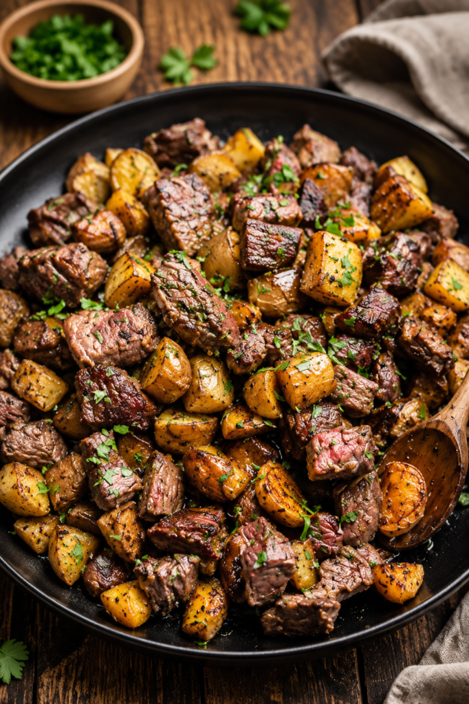 Garlic butter steak bites and potatoes garnished with parsley