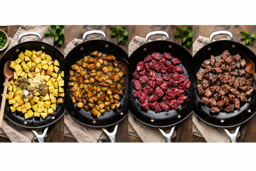 Steak bites tossed in garlic butter in a skillet