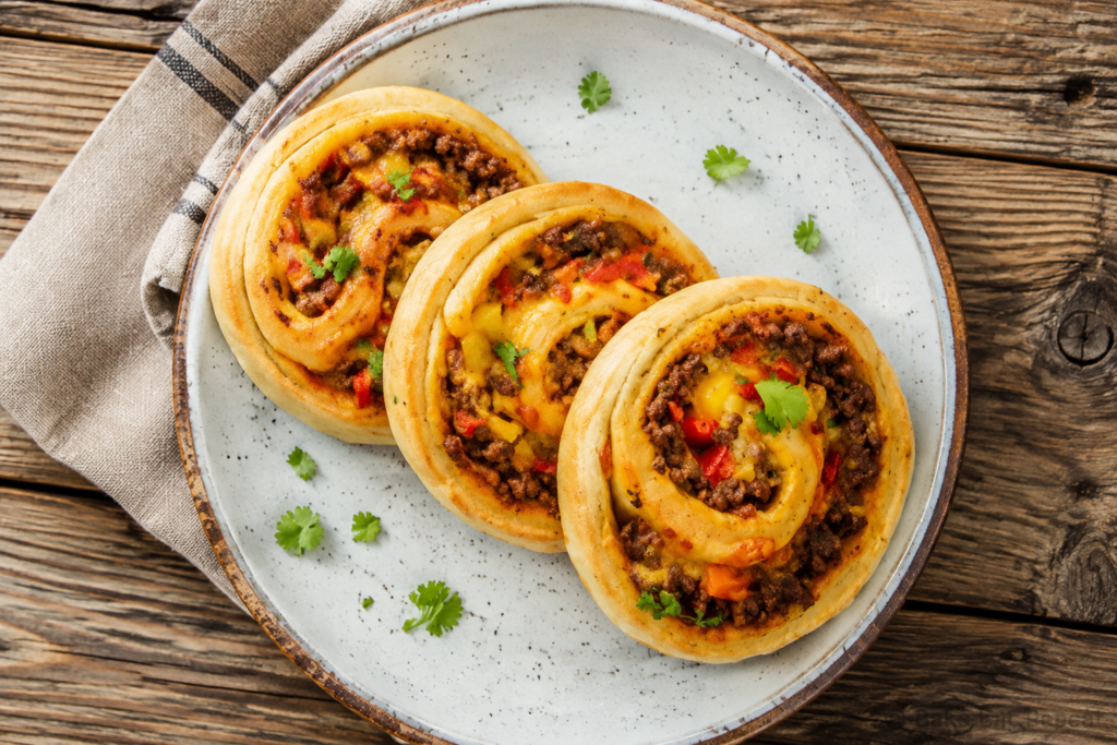 Taco pizza rolls cooling on a baking sheet