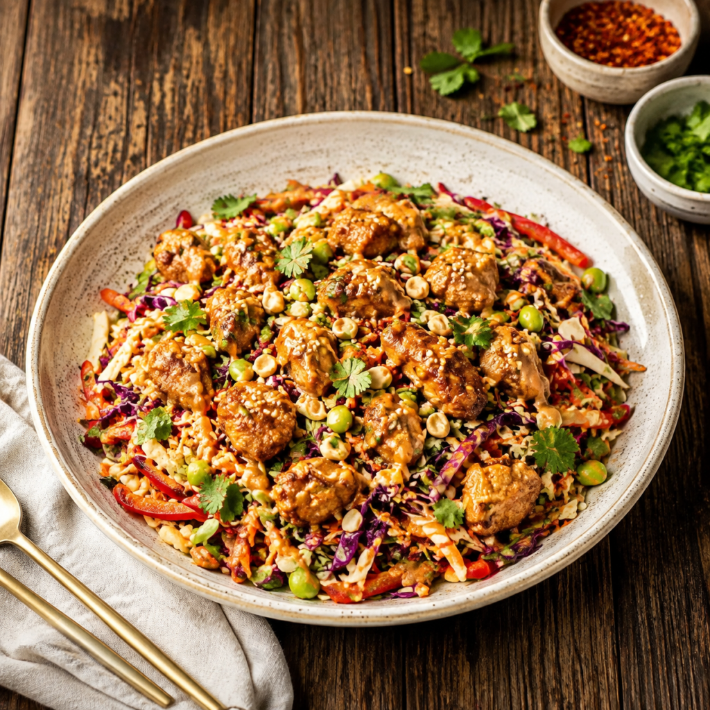 Finished Asian chicken crunch salad garnished with peanuts